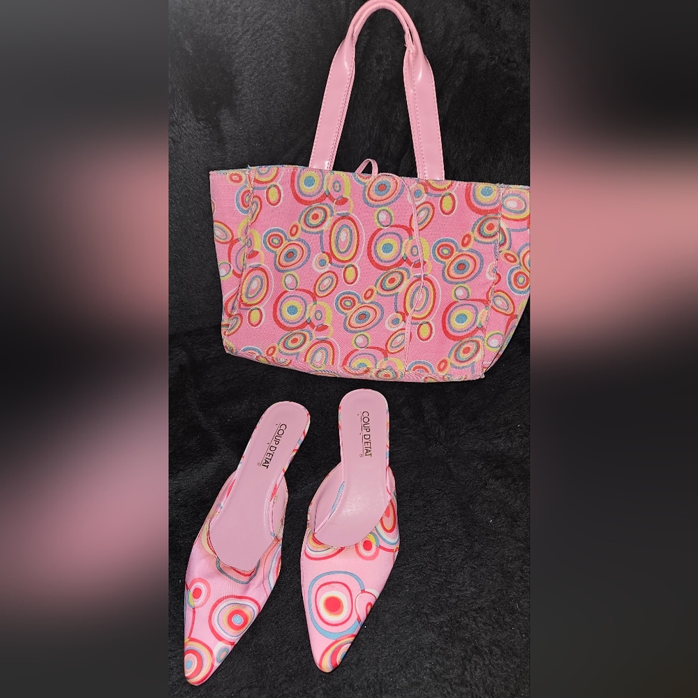 Pink Geometric Patterned Women's Kitten Heel Shoes
